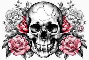 Human skull and horse skull with peonies. Big enough to fit on a female rib cage tattoo idea