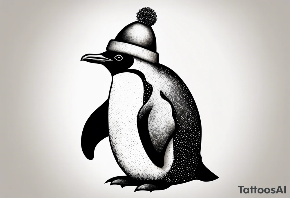 Realistic Penguin with a party hat and a ballon crosshatch style tattoo idea
