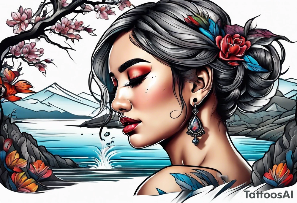 Woman crying at a river tattoo idea
