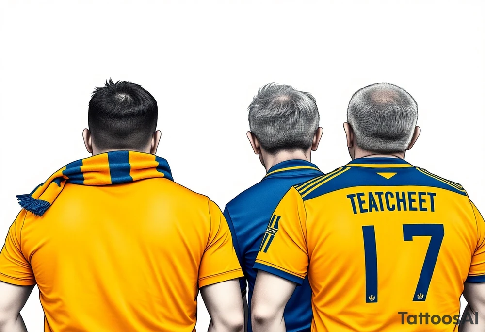 4 soccer fans from their backs, wearing yellow blue shirts. the second one from left having a kid on his shoulders, and he's rising a scarf.
the right one is older, more fat and shorter and wearing an shirt with the number 7 on it and has on his shoulders line like adidas
the left on has a yellow-blue Checkered on his shirt tattoo idea