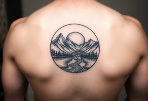 mountains, river and sunrise, let it all be inside one circle. tattoo idea