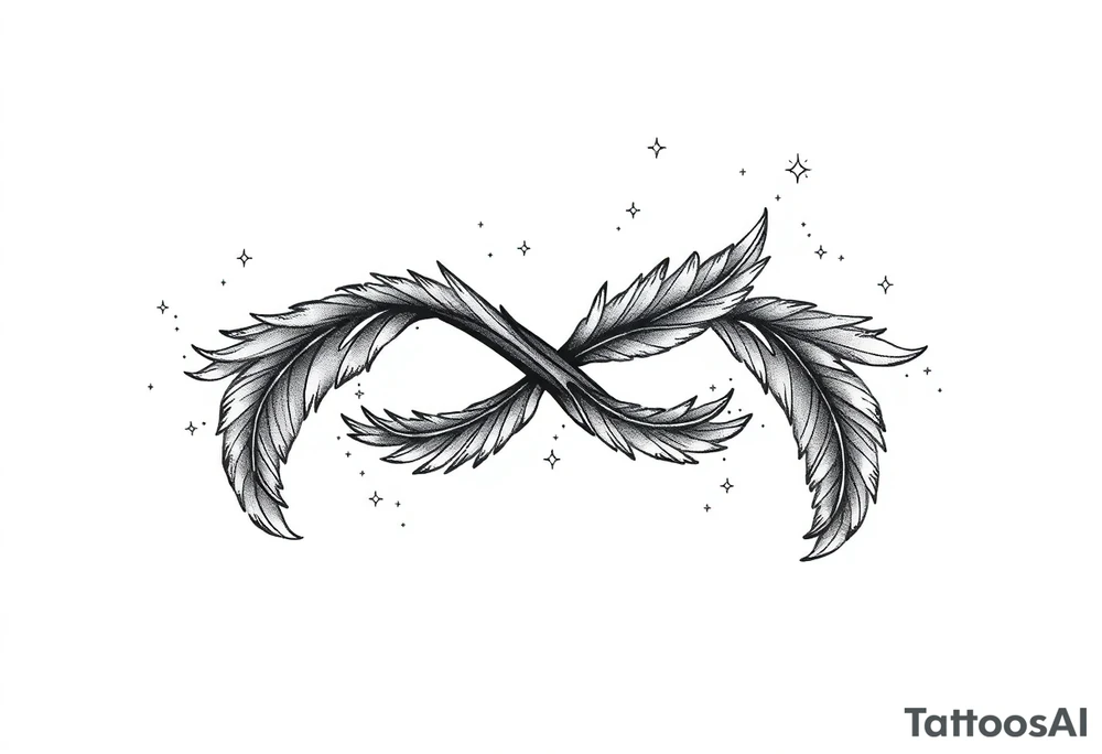 infinity symbol woven with floating feathers and stardust tattoo idea