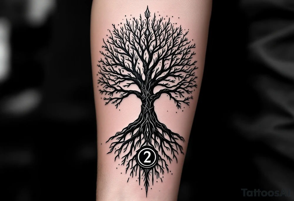 mystical tree of life with cosmic roots and celestial branches with the number 2 incorperated on the outer forearm tattoo idea