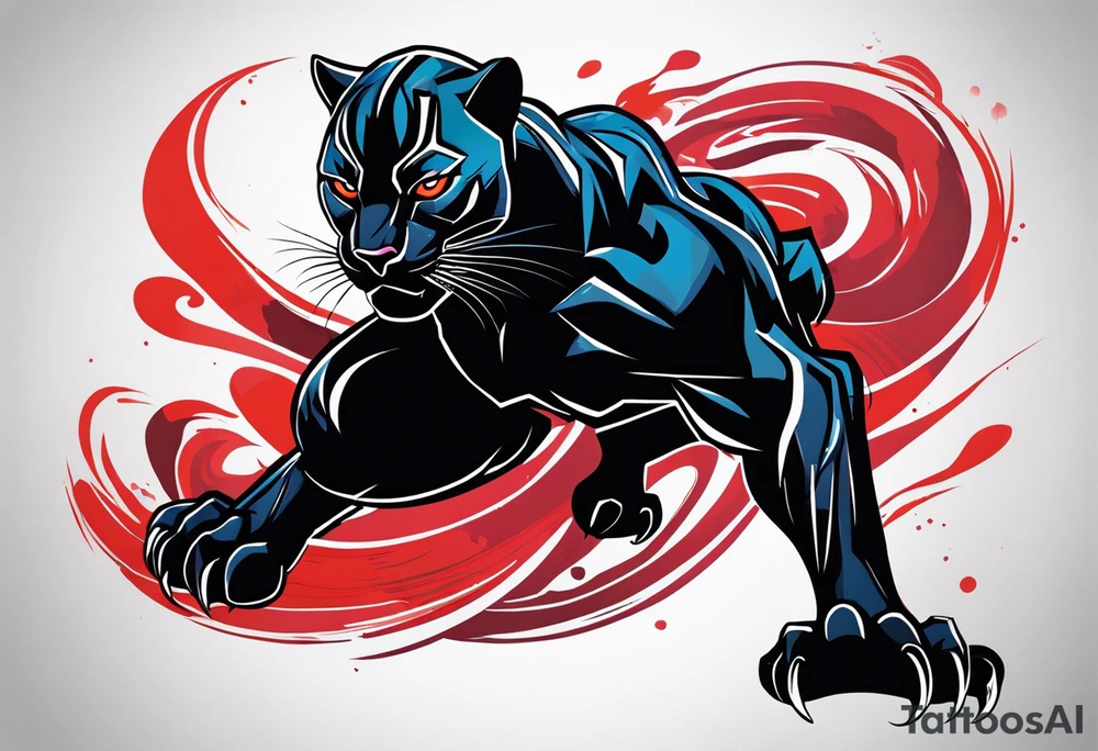 unique black panther tattoo, dynamic pose, showcasing its strength and grace, striking red eyes, intense and captivating elements, artistic flair, blending realism with abstract elements tattoo idea