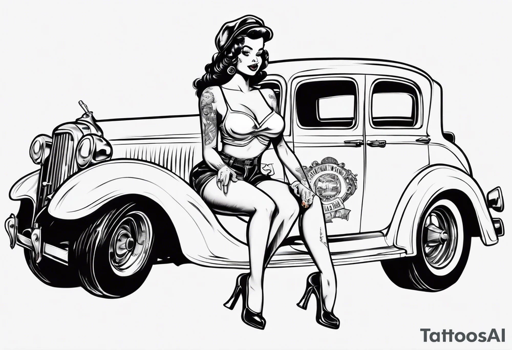 pinup doll sitting on the hood of a classic vintage car drinking a beer tattoo idea
