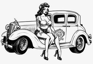 pinup doll sitting on the hood of a classic vintage car drinking a beer tattoo idea