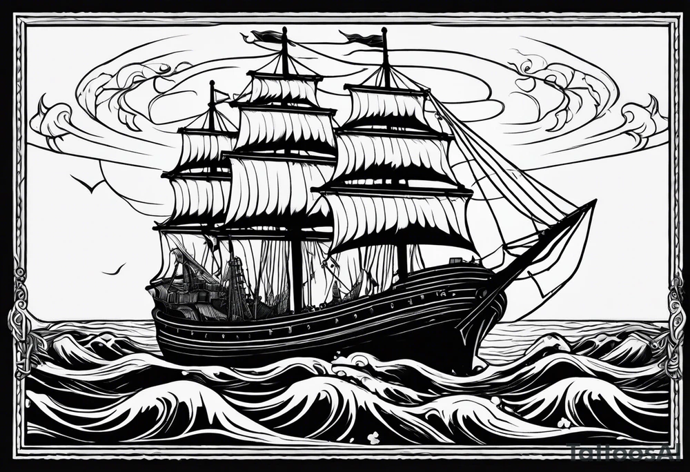 A American traditional tattoo style ship sinking with a mermaid on the right holding a rope and the mermaid on the left holding a dagger tattoo idea