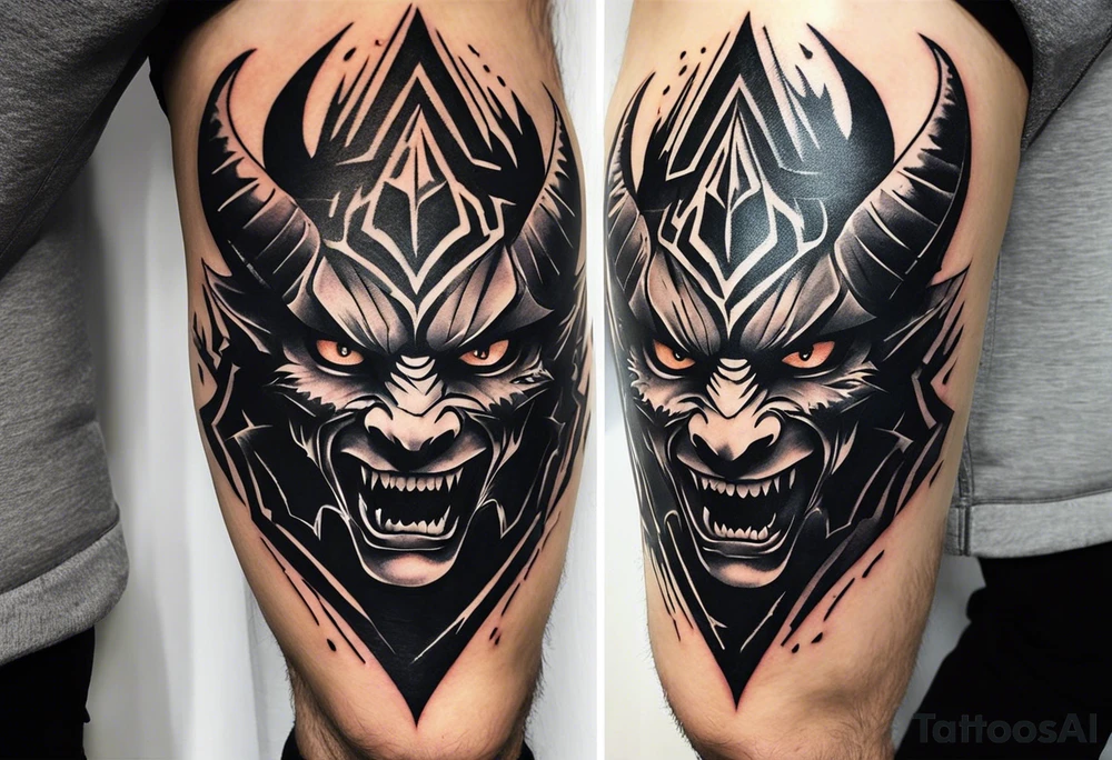 A tattoo designed for the knee, featuring the face of a demon with sharp, exaggerated features and an intense, expressive look. The design includes prominent white spaces for contrast and visual impact. Beams of light radiate outward from the demon’s eyes in a dynamic and dramatic pattern. The overall composition should feel bold and intricate, adapting naturally to the shape of the knee. tattoo idea