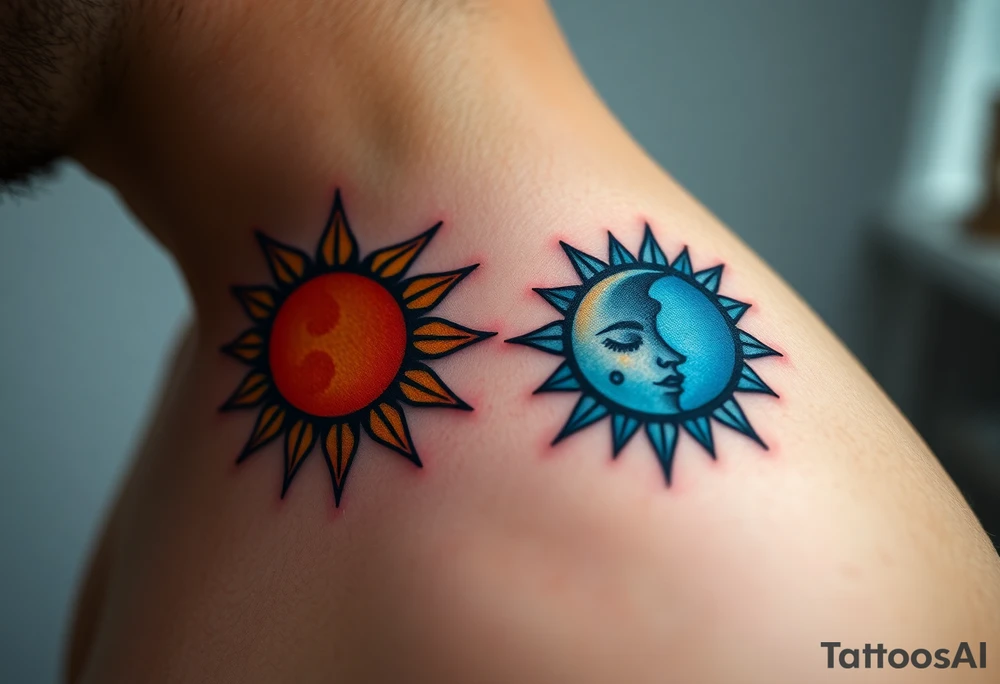 Matching sun and moon tattoos for father and kid in warm orange and cool blue signify balance and harmony between father and kids. tattoo idea