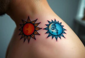 Matching sun and moon tattoos for father and kid in warm orange and cool blue signify balance and harmony between father and kids. tattoo idea