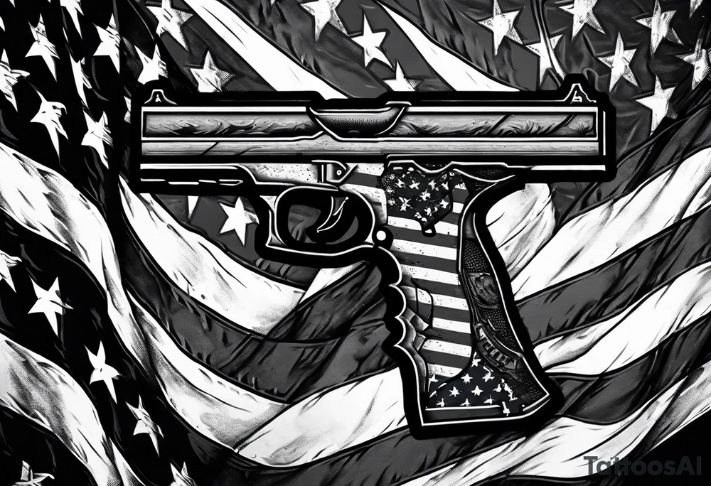 Distressed American flag behind a cross with 2 guns leaned on it simpler tattoo idea