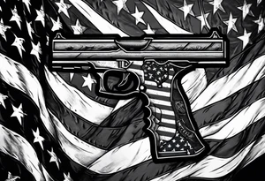 Distressed American flag behind a cross with 2 guns leaned on it simpler tattoo idea