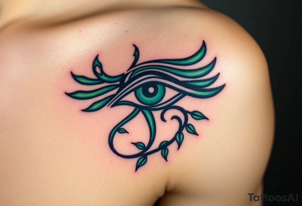 A deep emerald green Eye of Horus, with vines and small leaves wrapping around, symbolizing growth and protection tattoo idea