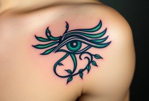 A deep emerald green Eye of Horus, with vines and small leaves wrapping around, symbolizing growth and protection tattoo idea