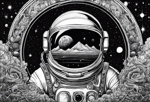 Cosmic tattoo with a planet and a astronaut, now make it more cosmic horror tattoo idea