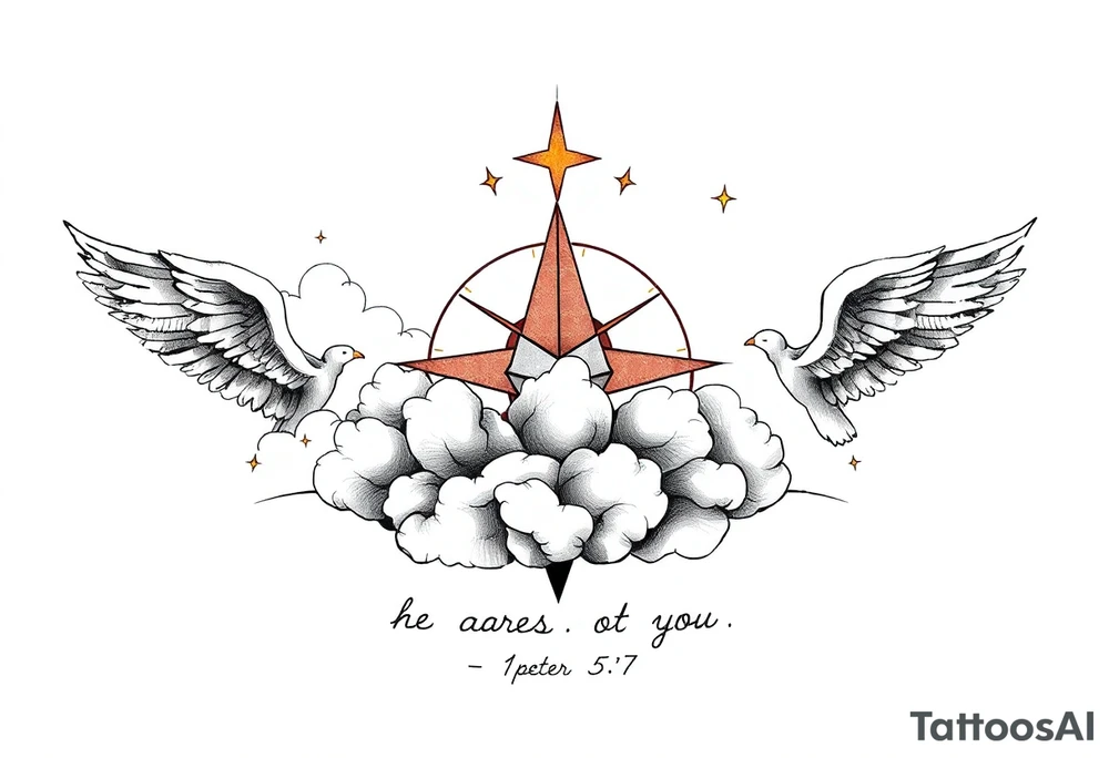 cast all your anxiety on him because he cares for you"  1 peter 5:7 with clouds and angels tattoo idea