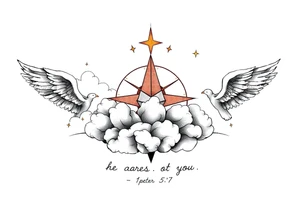cast all your anxiety on him because he cares for you"  1 peter 5:7 with clouds and angels tattoo idea