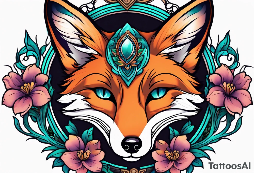Neo traditional fox with violets and teal frame tattoo idea