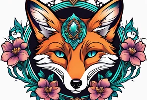 Neo traditional fox with violets and teal frame tattoo idea