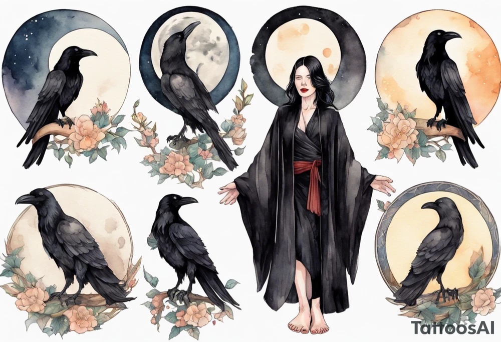 a beautiful 50 year old Dakota woman with pale skin wearing a black robe, standing on a crescent moon with bare feet, a raven on her shoulder tattoo idea