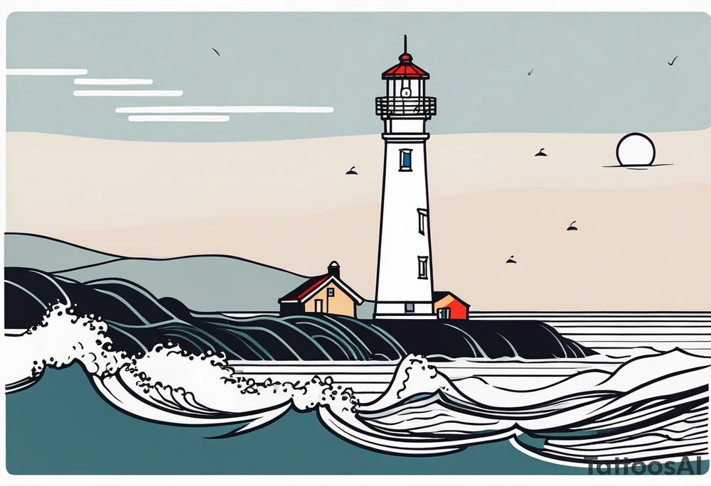 lighthouse very fine line, colored. also rough sea close to the lighthouse tattoo idea
