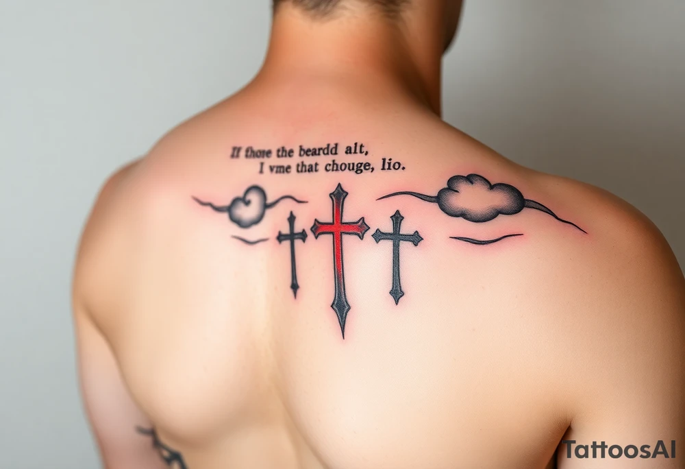 Red and black ink  tattoo on left inner arm with bible verse background clouds and 3 crosses one red in the middle of wrist  under a chosen wrist tattoo before the hand/palm 

On left forearm tattoo idea
