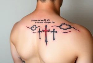 Red and black ink  tattoo on left inner arm with bible verse background clouds and 3 crosses one red in the middle of wrist  under a chosen wrist tattoo before the hand/palm 

On left forearm tattoo idea