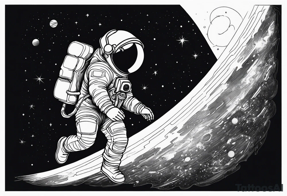 an astronaut hunched over in space from the back holding a planet in his hands tattoo idea
