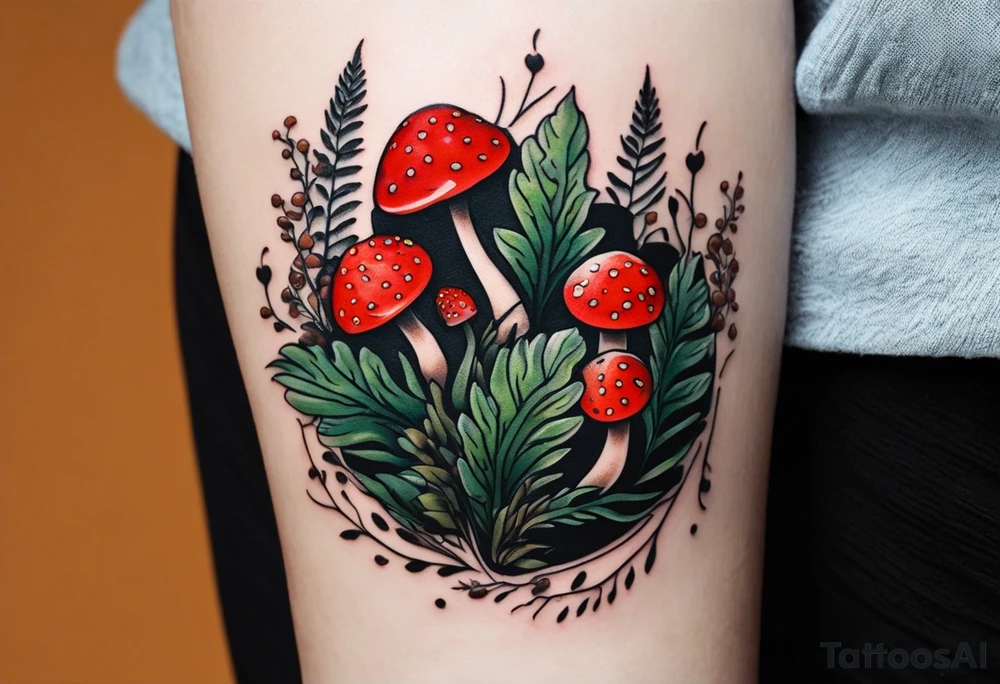 minimalistic forest floor inspired tattoo, which includes grass, curly ferns and dead leaves as the bulk of the tattoo. details to include: three  tiny strawberries, couple of very small mushrooms, a tiny bumblebee flying nearby tattoo idea