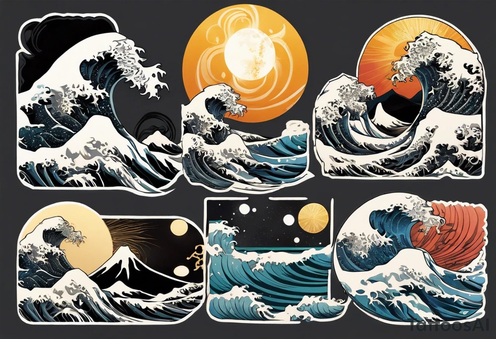 sun and moon in yin yang symbol 
over ocean wave and mountains tattoo idea