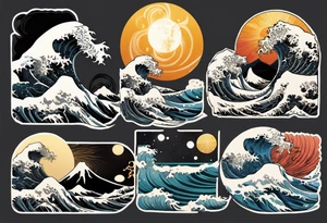 sun and moon in yin yang symbol 
over ocean wave and mountains tattoo idea
