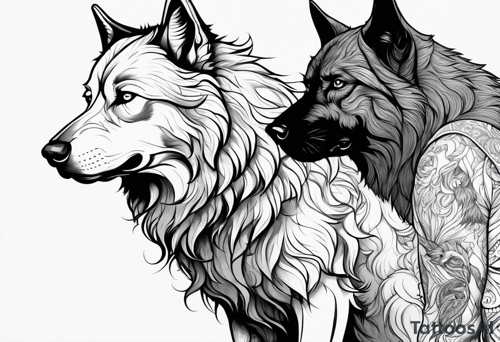 Werewolf and dog standing side by side tattoo idea