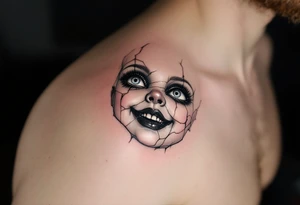 A cracked porcelain doll face, with a haunting smile and glossy white highlights, appearing shattered but still lifelike. tattoo idea