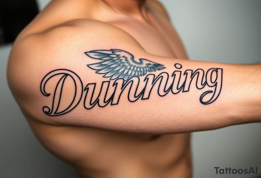 Dunning, Details include name in white color,angel wing, rain drop jungles leaves,cool font, gold tattoo idea