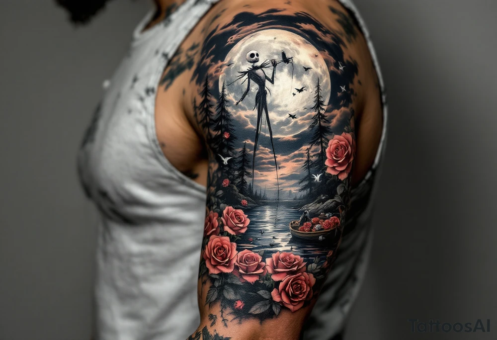 jack skellington smoking and fishing, on a boat of roses, cloudy sky, full moon, birds,pine trees, river tattoo idea