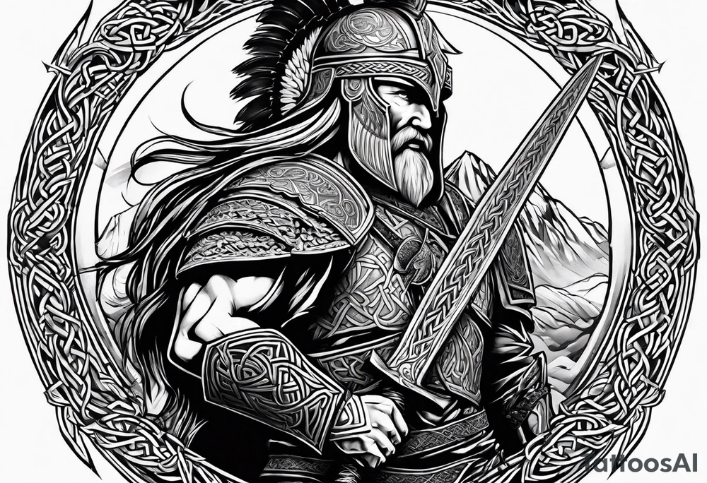 Side profile of full body of Celtic warrior with weapons unsheathed tattoo idea