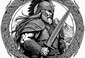 Side profile of full body of Celtic warrior with weapons unsheathed tattoo idea