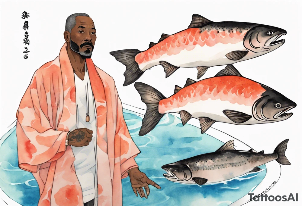 a 50-year-old black man wearing salmon cloak standing by a pool filled with salmon tattoo idea