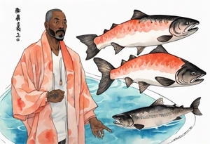 a 50-year-old black man wearing salmon cloak standing by a pool filled with salmon tattoo idea