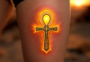 A golden Ankh with intricate hieroglyphs engraved, glowing under a warm desert sunset, symbolizing divine energy. tattoo idea