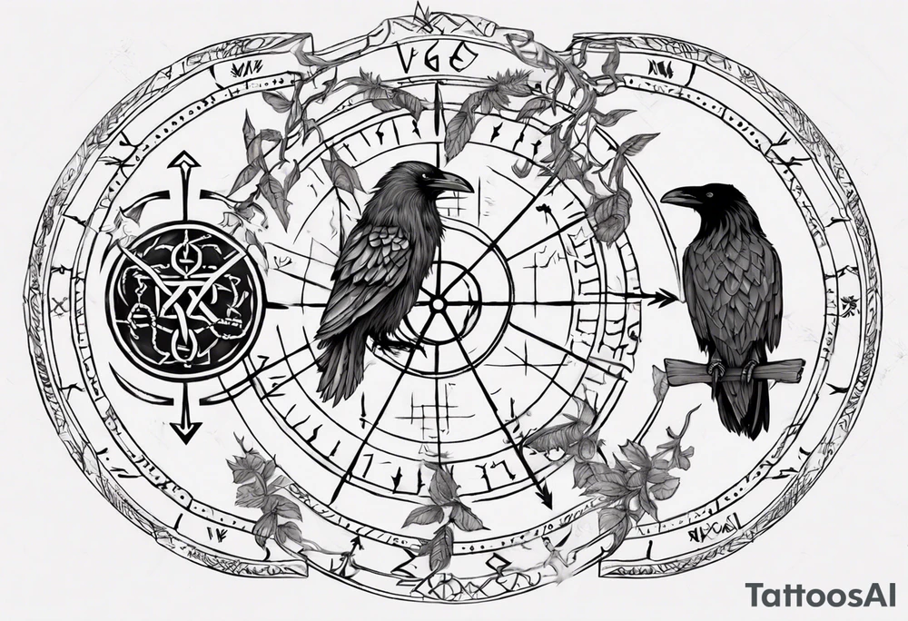 vegvisir with all who wander are not lost in runes around it and two ravens tattoo idea