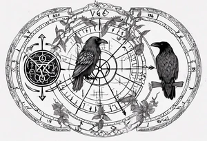 vegvisir with all who wander are not lost in runes around it and two ravens tattoo idea