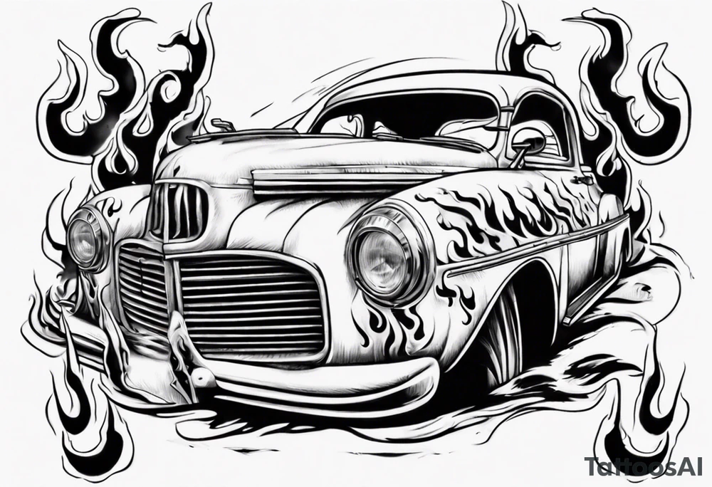 A tattoo of an old vintage car with flames coming out of the hood and a skeleton at t he top of the flames tattoo idea