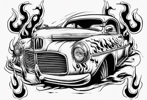 A tattoo of an old vintage car with flames coming out of the hood and a skeleton at t he top of the flames tattoo idea
