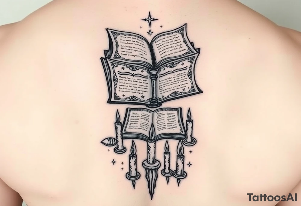 Ancient grimoire levitating above occult runes and candles showing an invocation spell on its pages tattoo idea