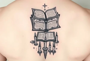 Ancient grimoire levitating above occult runes and candles showing an invocation spell on its pages tattoo idea
