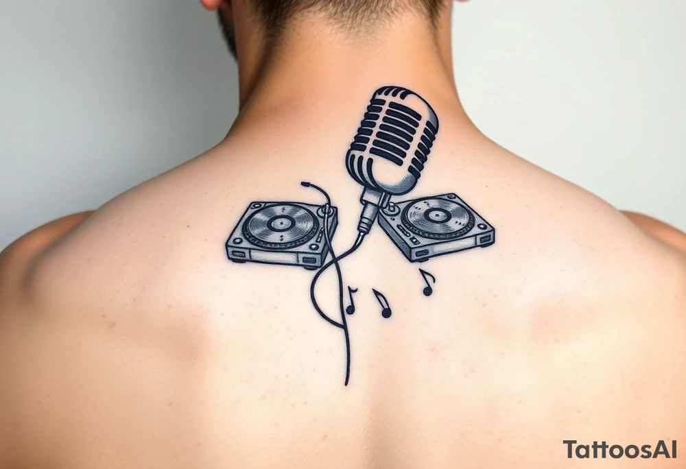 Microphone turntables and music notes tattoo idea