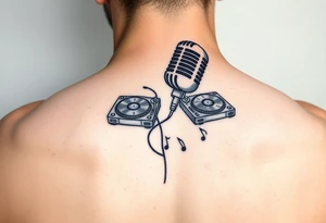 Microphone turntables and music notes tattoo idea