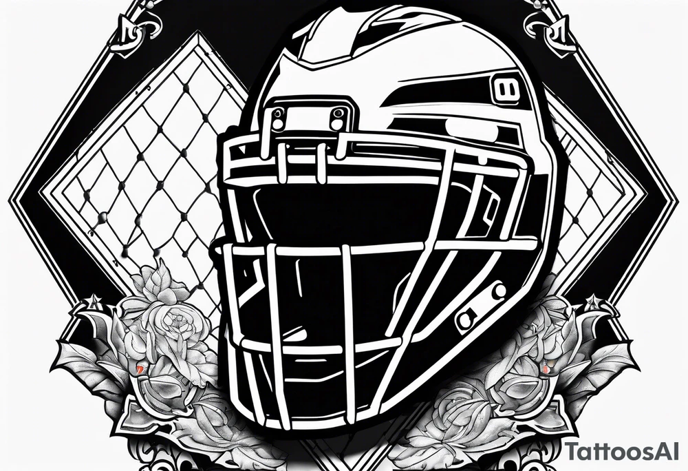 home plate with a catcher helmet on a black background tattoo idea