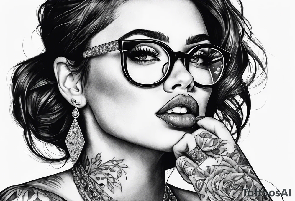 Woman with glasses biting diamonds tattoo idea